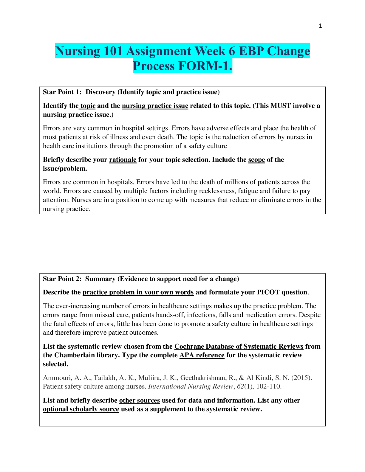 Preview of Nursing 101 Assignment Week 6 EBP Change Process FORM-1.